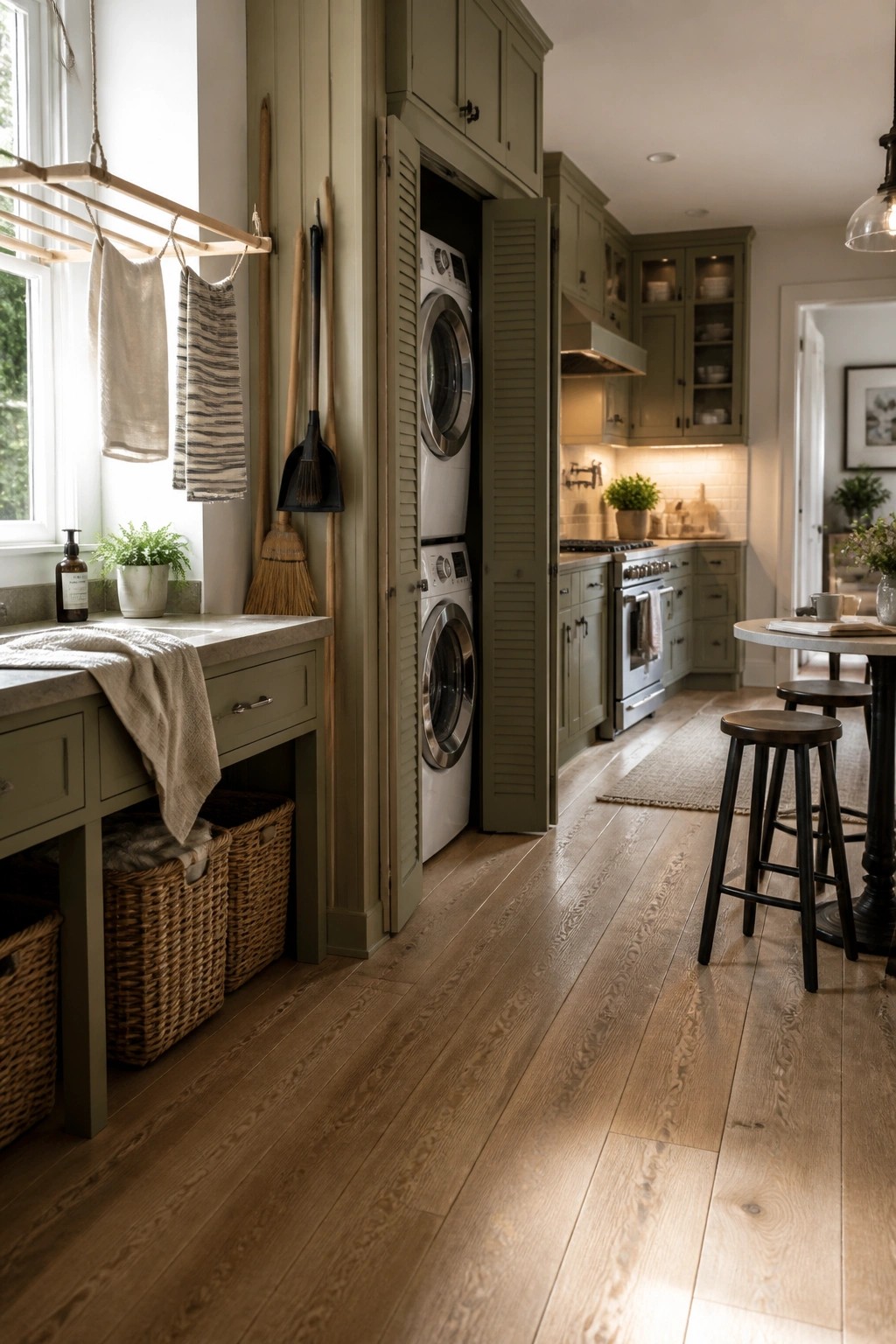 Sage green kitchen with open doors revealing stacked washer dryer and rustic wooden floors