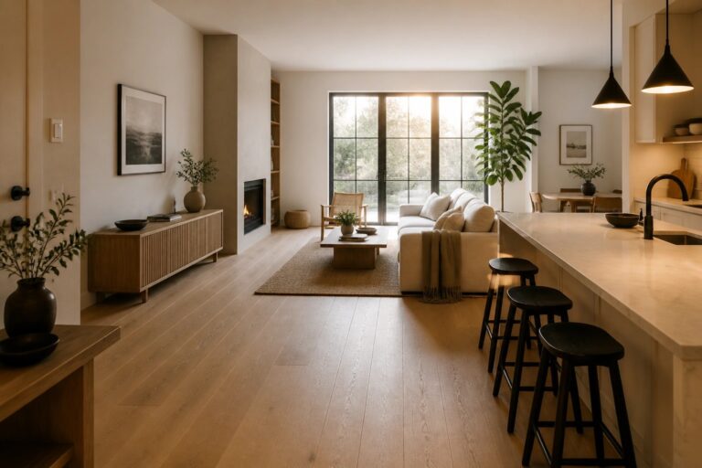 22 Modern Wood Flooring Ideas for Open Concept Homes and Seamless Flow Open concept living room and kitchen with light wood flooring running continuously from the sofa and fireplace area into the kitchen island with black stools.