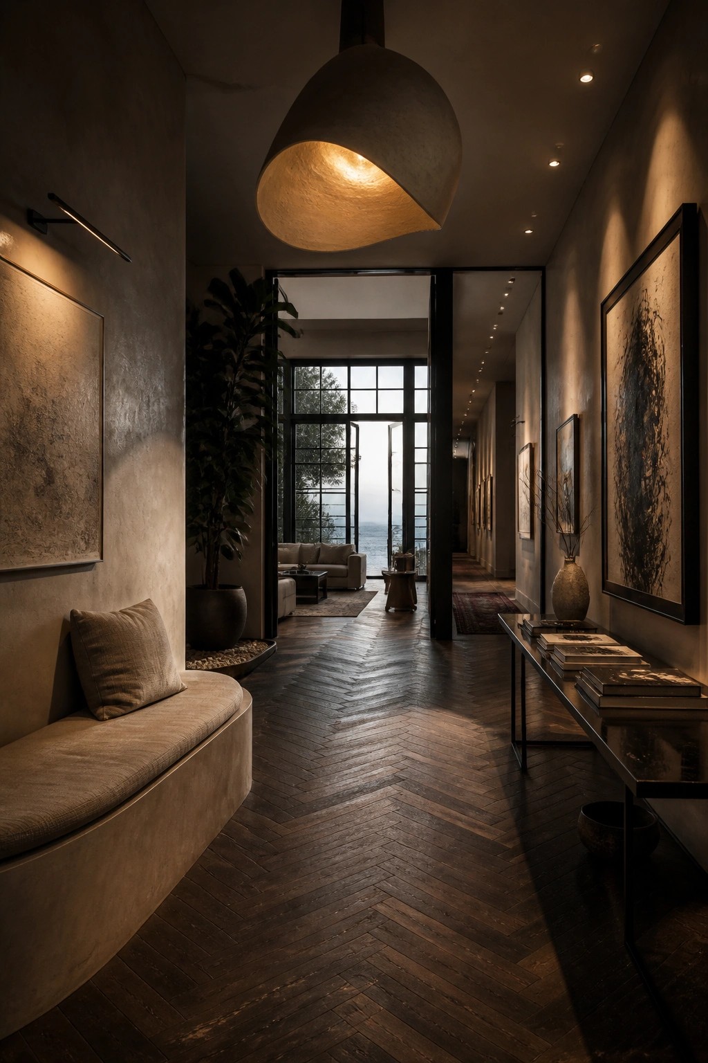 A long interior hallway with dark herringbone wood flooring, a built-in bench on the left, and a console table on the right, opening into a living area with large glass doors.