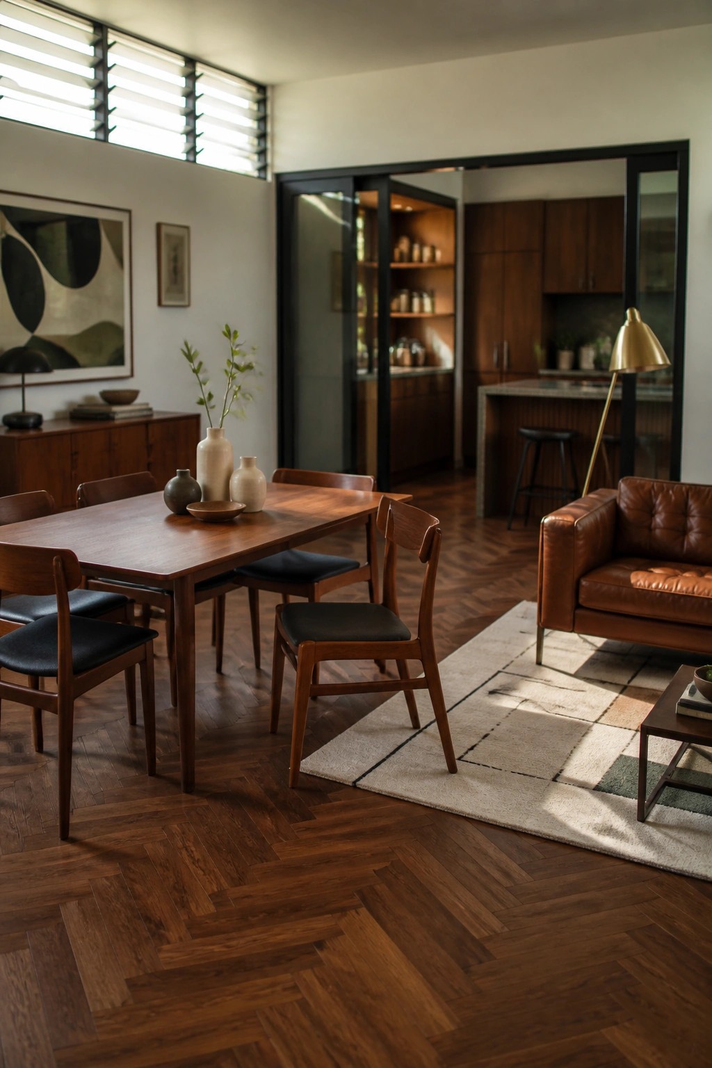 Mid-century dining room with wooden table, black chairs, leather sofa, and herringbone floor.