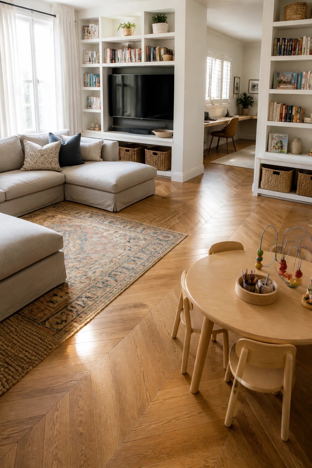 A bright open living room with light herringbone wood flooring, a large beige sectional sofa on a faded rug, white built-in bookshelves around a television, and a small round wooden table with kids chairs in the foreground.