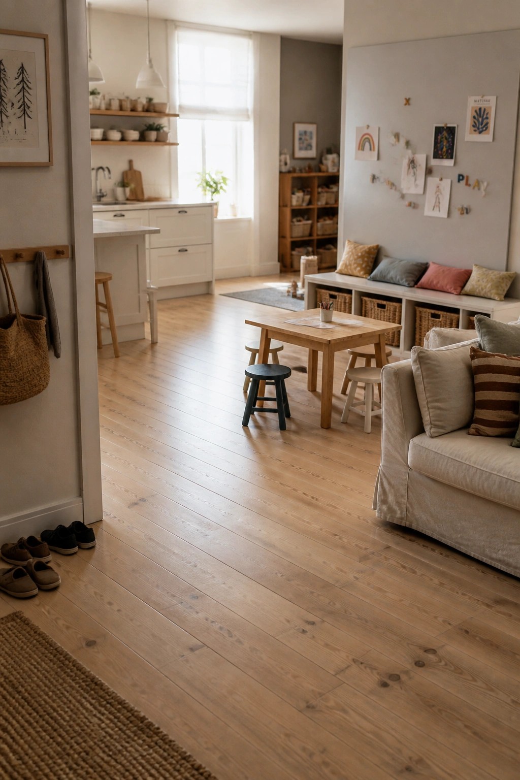 Light wood flooring runs continuously through an open kitchen, play area with a wooden table and stools, and living room with a beige sofa.