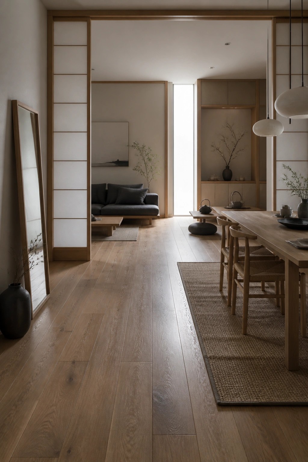 An open interior with continuous light wood flooring extending from a living area with a low gray sofa into a dining space with a wooden table and woven chairs.