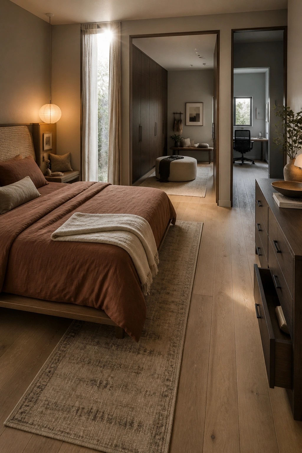 Modern bedroom with terracotta bedding, rugs on wood floors, open closet and office views.