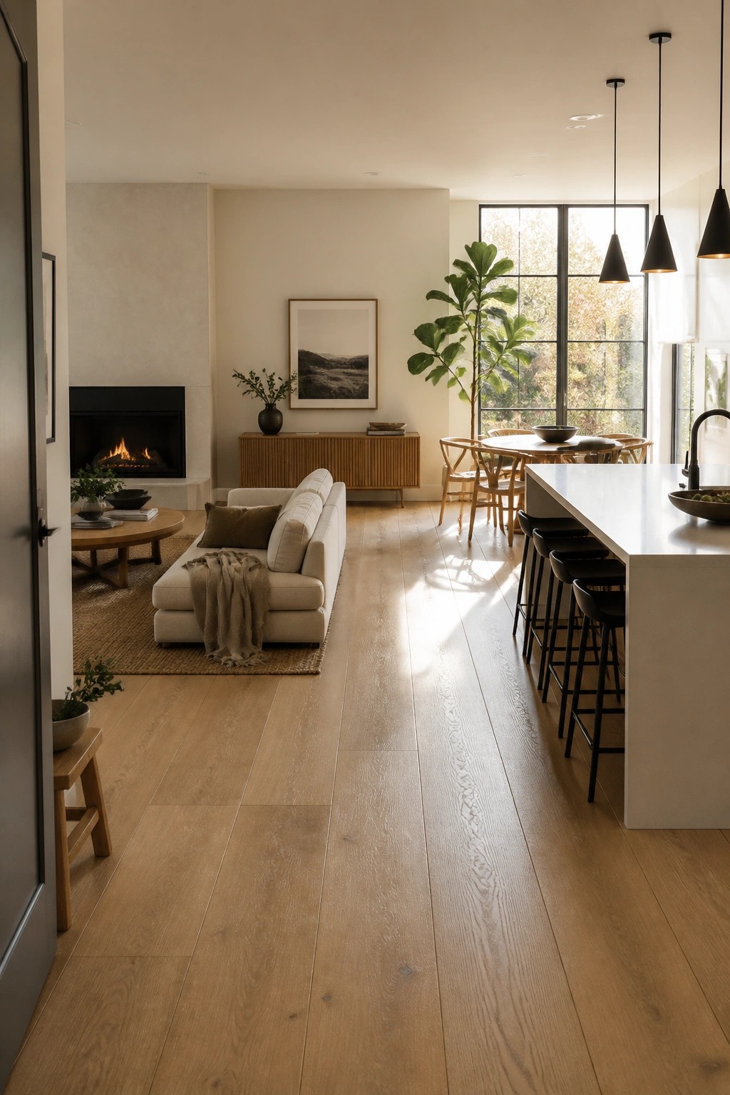 Open concept living room and kitchen with light wood flooring running continuously from the sofa and fireplace area into the kitchen island with black stools.