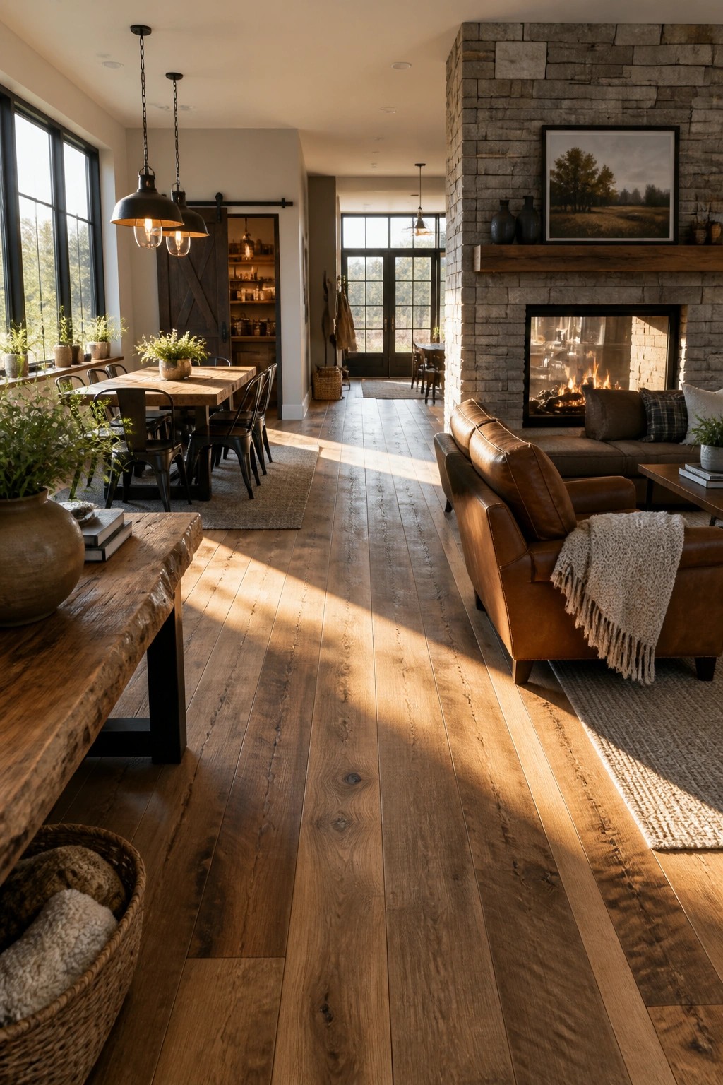 An open interior showing wide wood flooring running continuously from a living room with a leather sofa and stone fireplace into a dining area with a wooden table and black chairs.