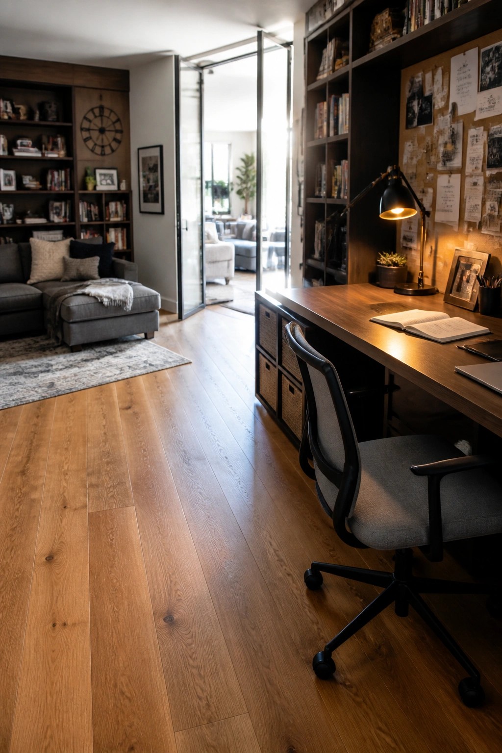 A modern home office with a wooden desk, gray office chair, and built-in bookshelves, featuring wide plank hardwood flooring that extends through open glass doors into a living room.