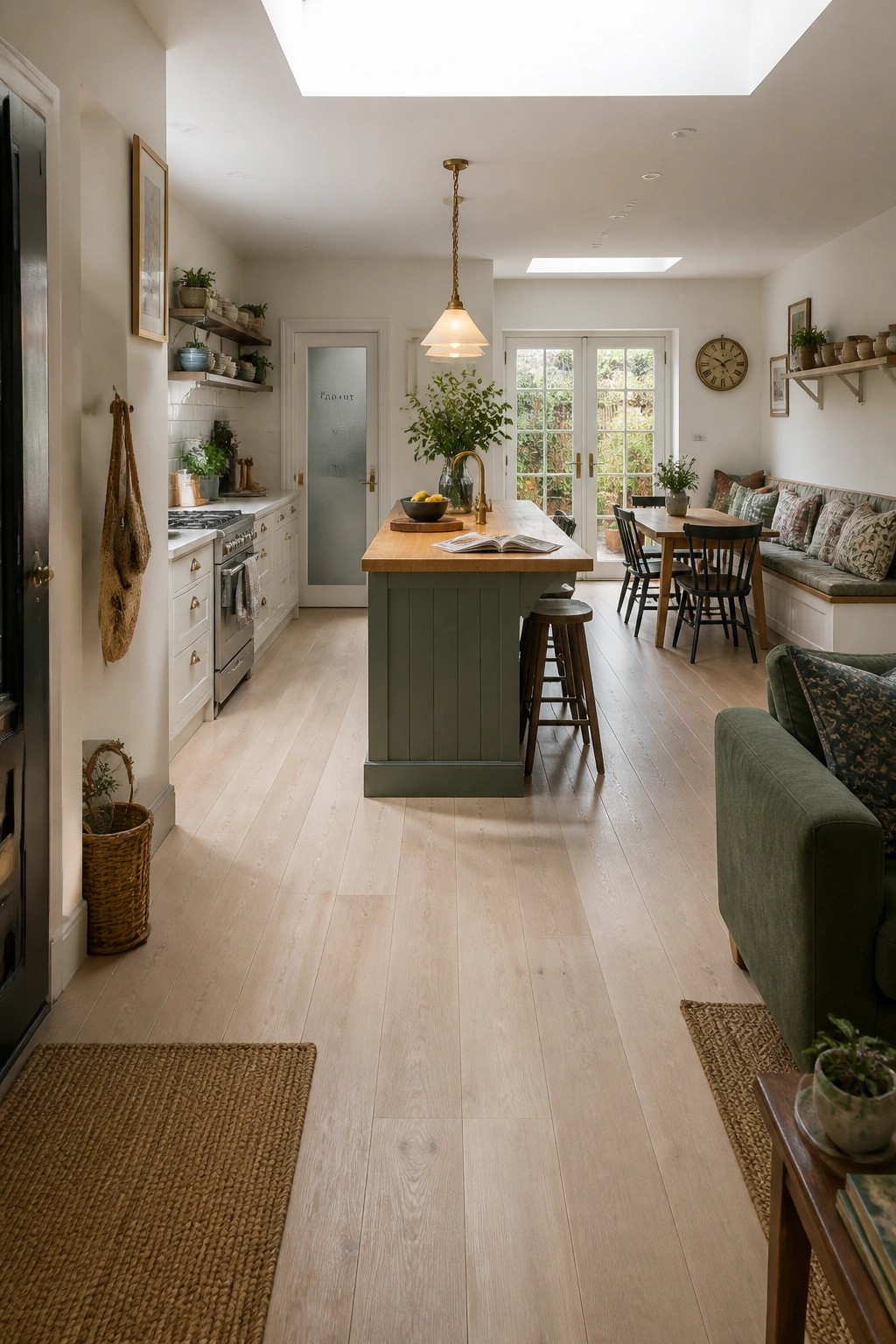 An open concept kitchen and living space with light wood flooring, a green island, white cabinetry, and a dining table near glass doors.