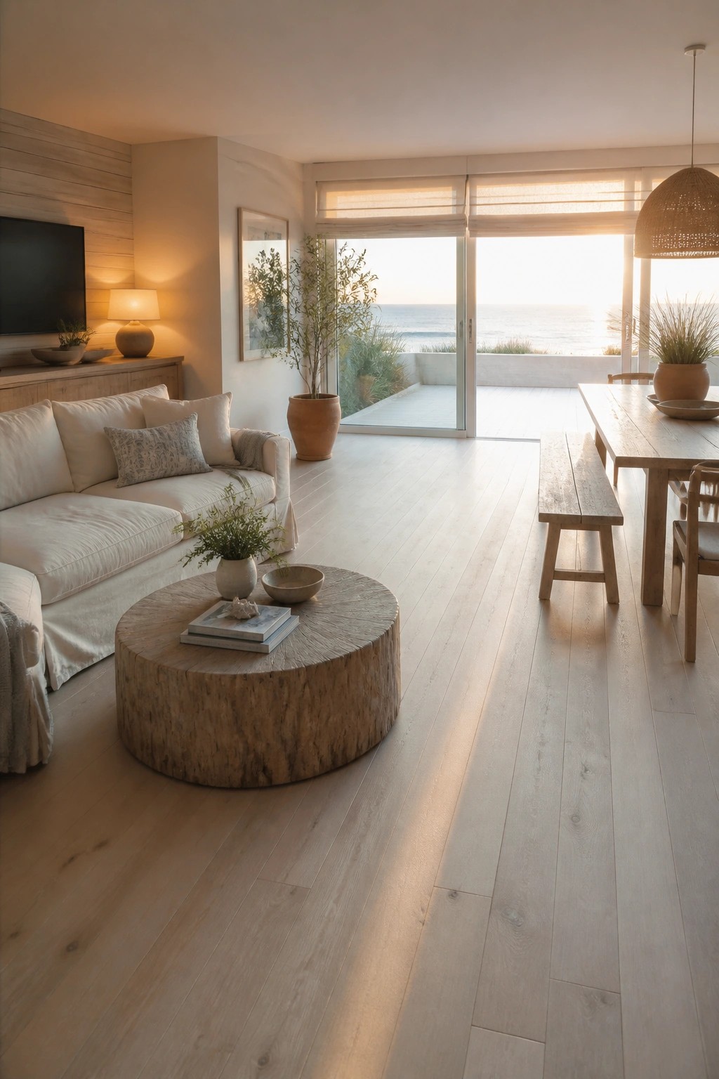An open living and dining area with continuous light wood flooring, a white sofa, round wooden coffee table, wooden dining table with bench, and large glass doors to the ocean.