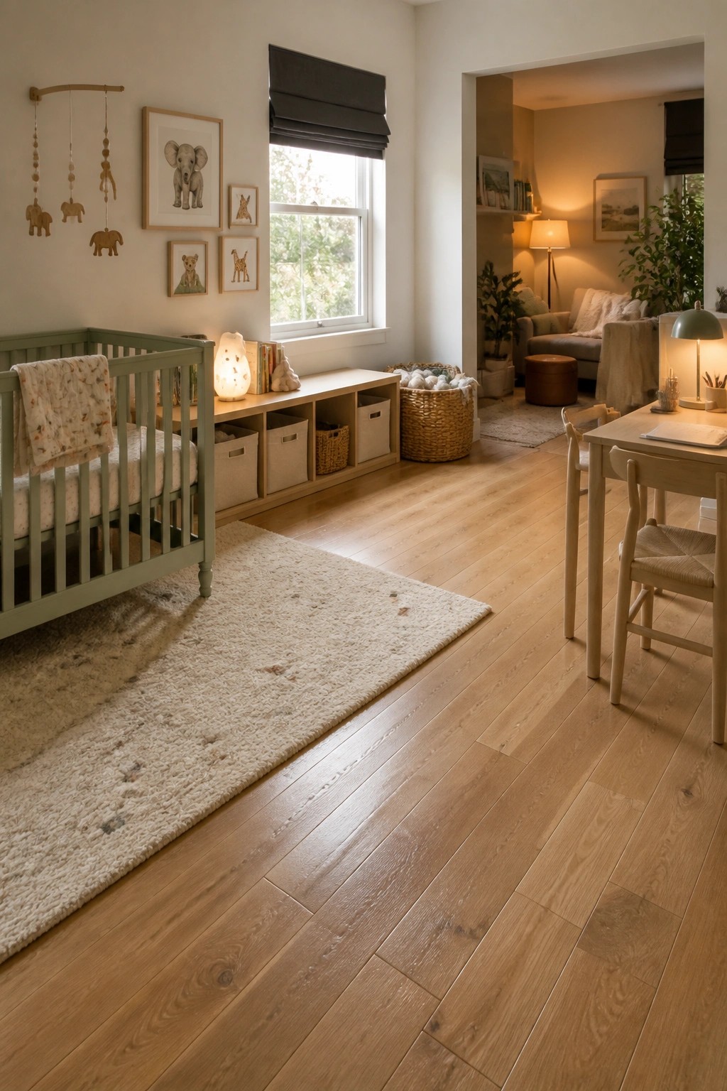 A nursery with a sage green crib and light wood flooring that extends through an open doorway into an adjacent living room.