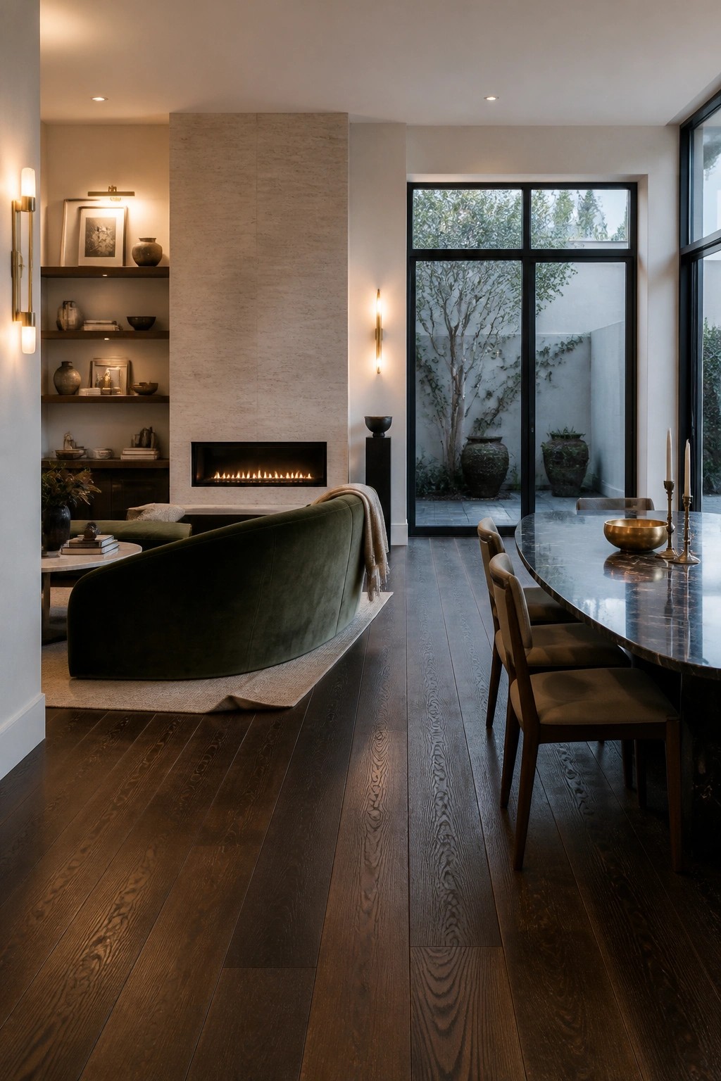 A modern open concept interior showing dark wood flooring extending continuously from a living area with a curved green sofa and linear fireplace into a dining space with a marble table and upholstered chairs.