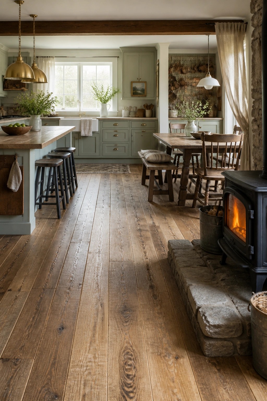 An open kitchen and dining area with sage green cabinets, a wood island, a long dining table, and wide plank hardwood flooring that continues throughout the space.