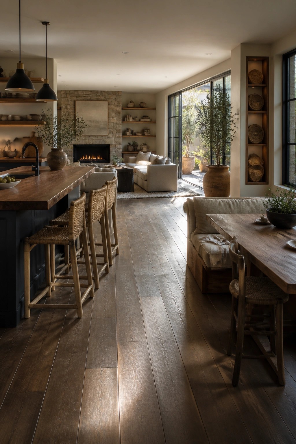Open concept interior with continuous dark wood flooring extending from a kitchen island with woven bar stools through a dining area and into a living space with a sofa and stone fireplace.