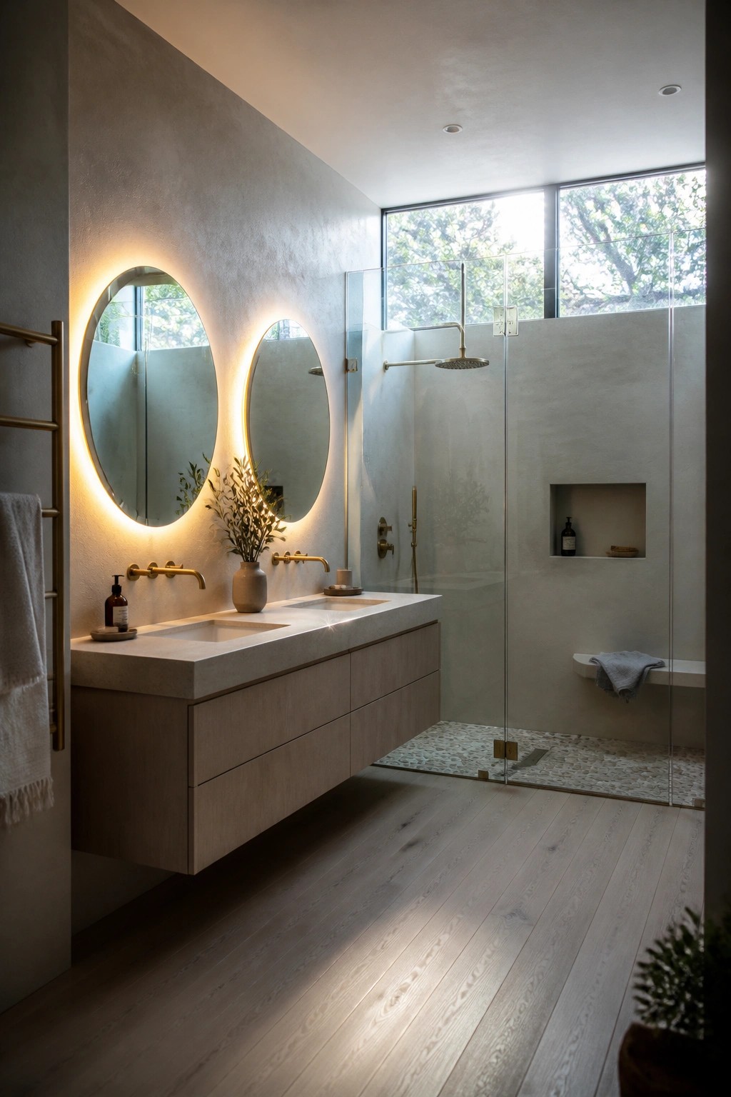 A modern bathroom interior featuring light neutral wood flooring, a floating wood vanity with integrated sinks, round backlit mirrors, and a glass shower enclosure.