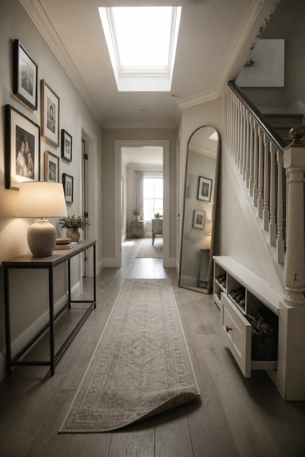 A hallway with light neutral wood flooring, a long runner rug, and doorways opening into other rooms.