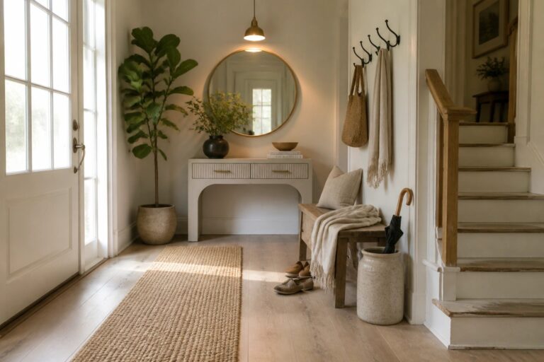 23 Neutral Wood Flooring Ideas in Soft Tones for Whole Home Continuity An entryway featuring light wood flooring, a white console table with arched openings, a round mirror, wall hooks, a wooden bench, and stairs on the right.