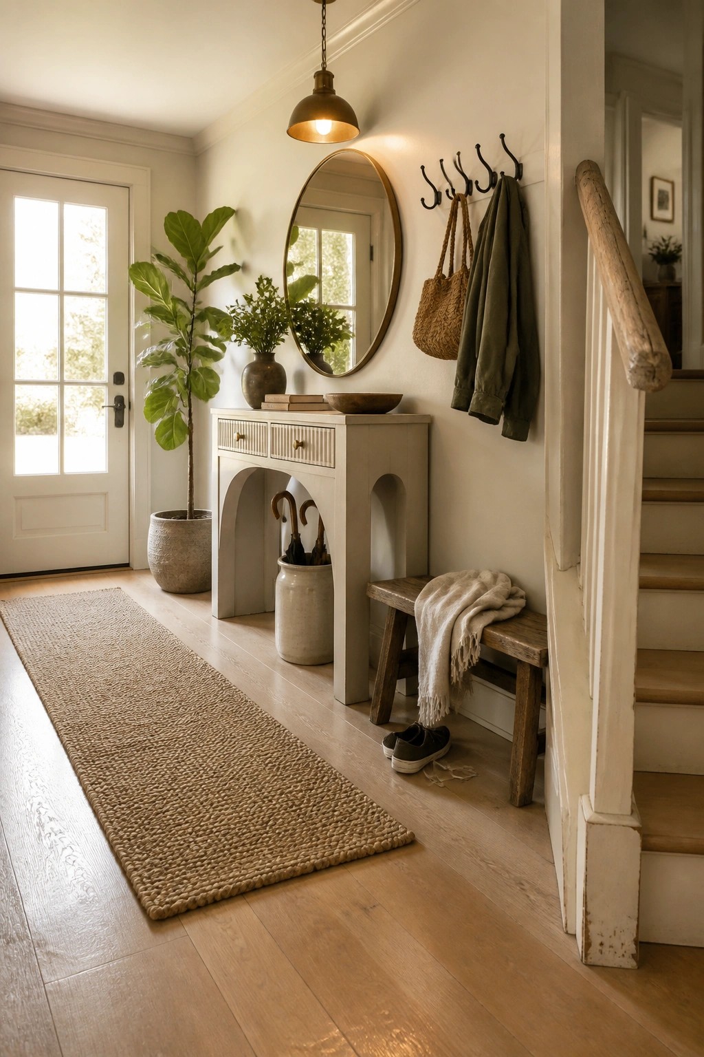 An entryway featuring light wood flooring, a white console table with arched openings, a round mirror, wall hooks, a wooden bench, and stairs on the right.
