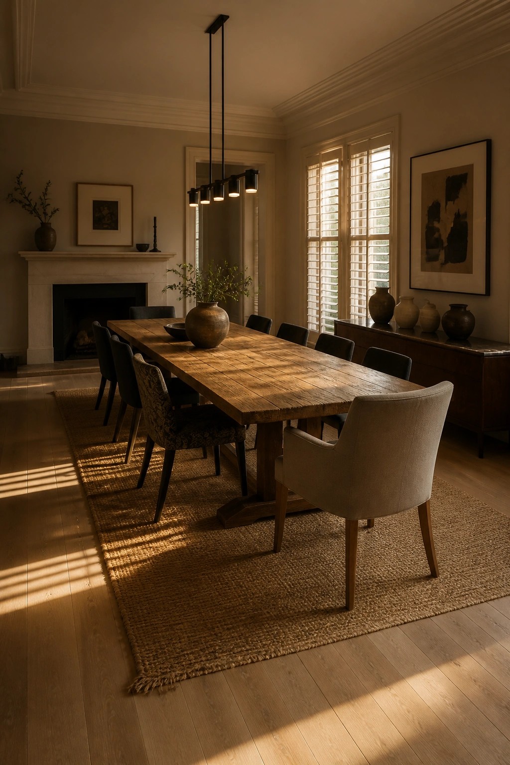 A dining room with a long wooden table on a jute rug over light wood flooring, with sunlight streaming through shuttered windows.