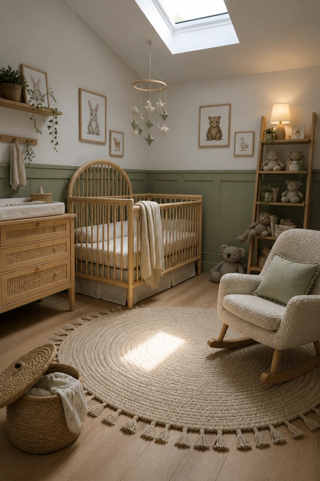A nursery interior with light wood flooring, a wooden crib, a rocking chair, and a round woven rug under a skylight.