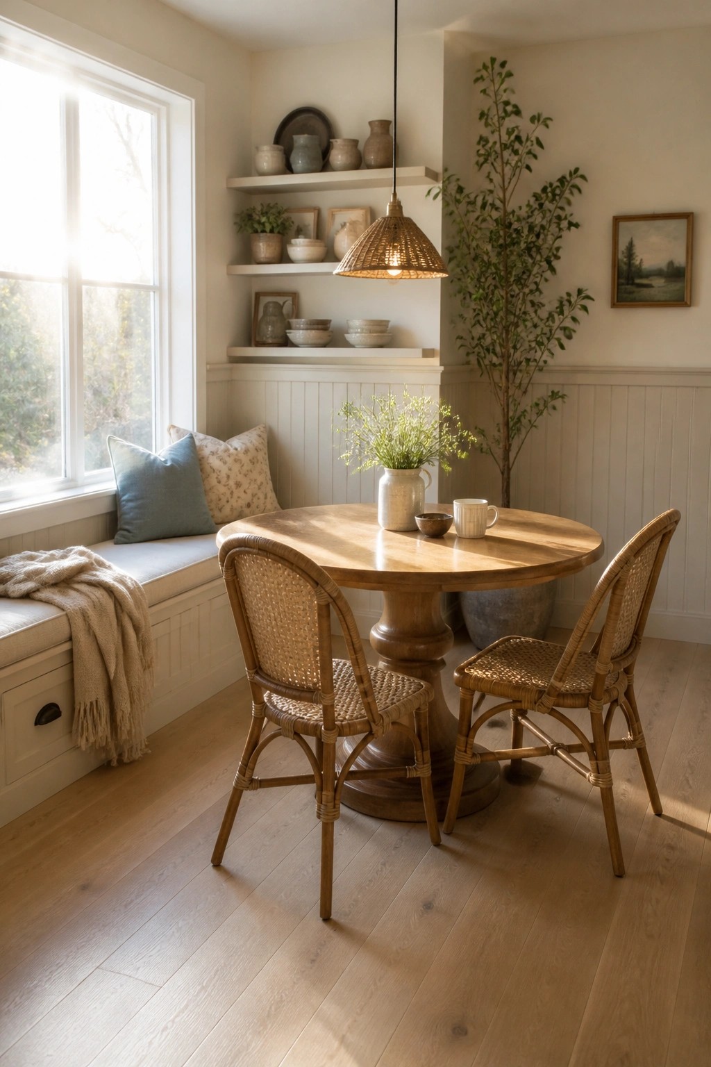 A round wooden dining table with two woven chairs sits on light wood flooring beside a window seat with pillows and floating shelves above.