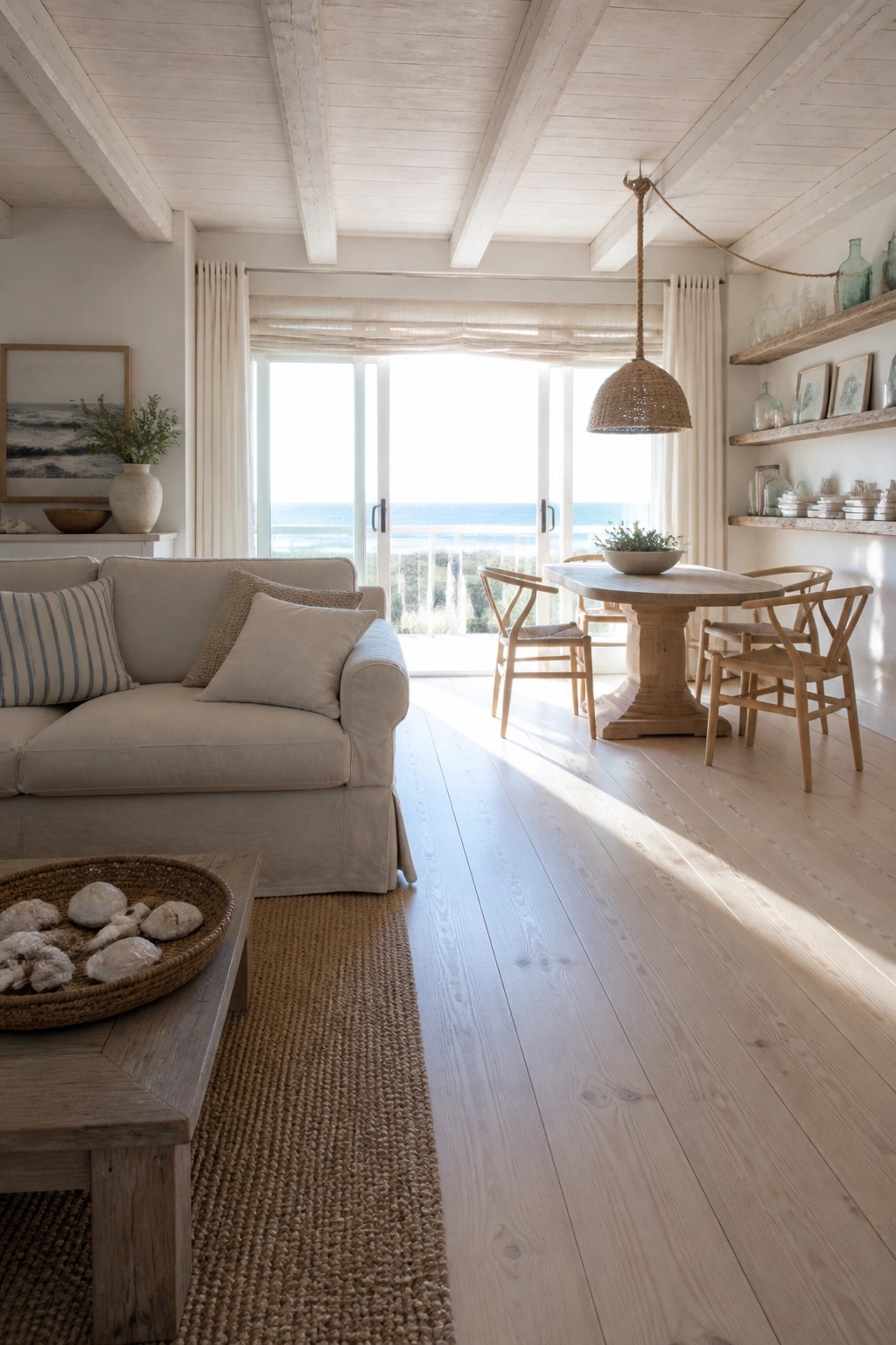 Light wood flooring runs continuously through a living room with a beige sofa and a dining area with a round wooden table and woven chairs, with glass doors open to the ocean.