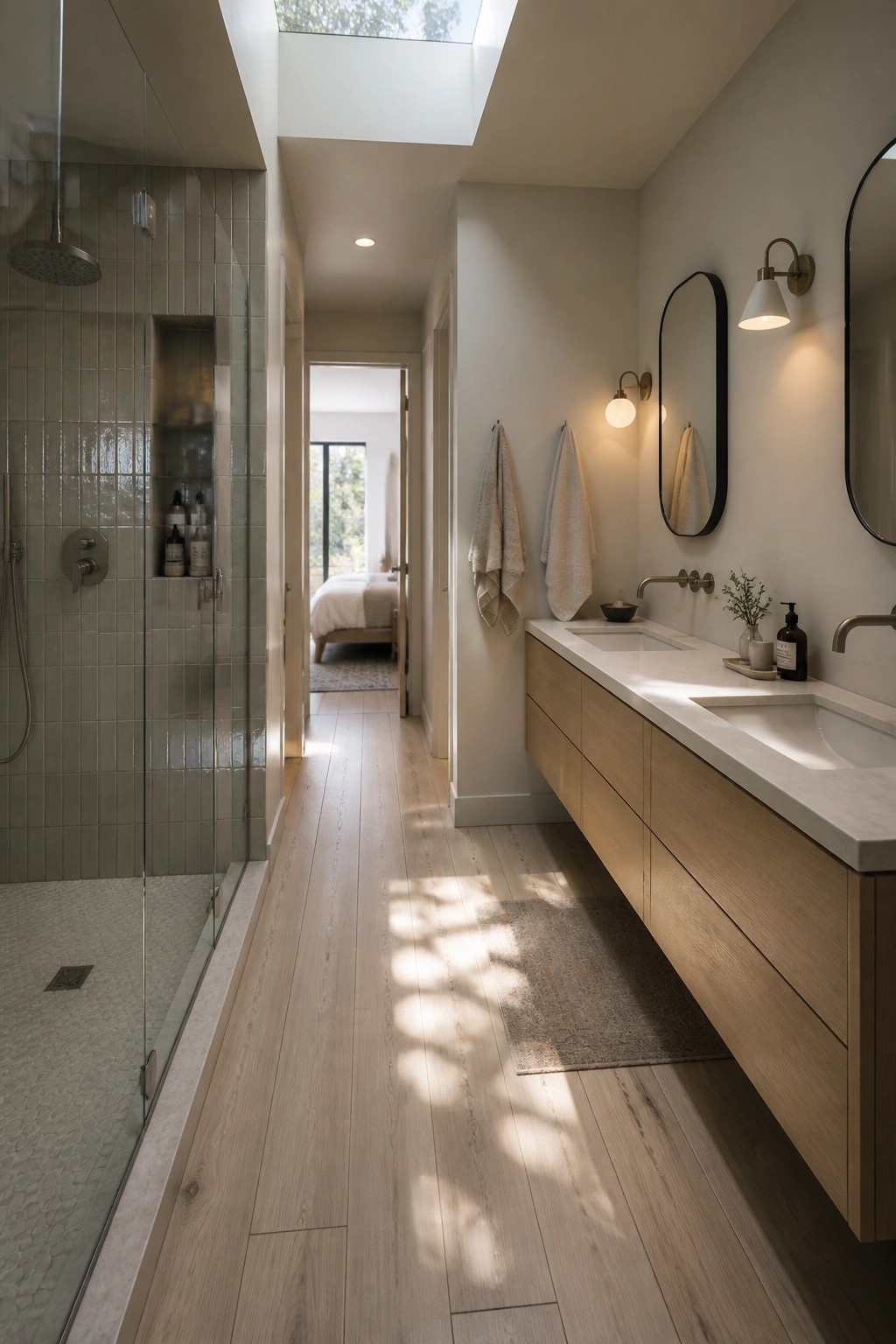 Modern bathroom with light wood vanity, tiled shower, skylight, and bedroom view