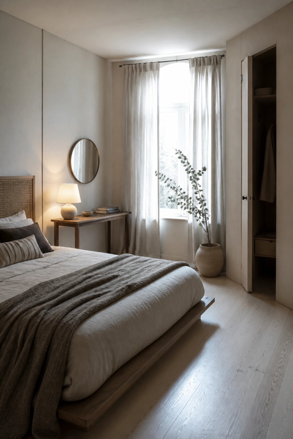 A bedroom interior featuring light wood flooring, a low wooden bed with neutral linens, a round mirror above a small console table, and an open built-in closet.