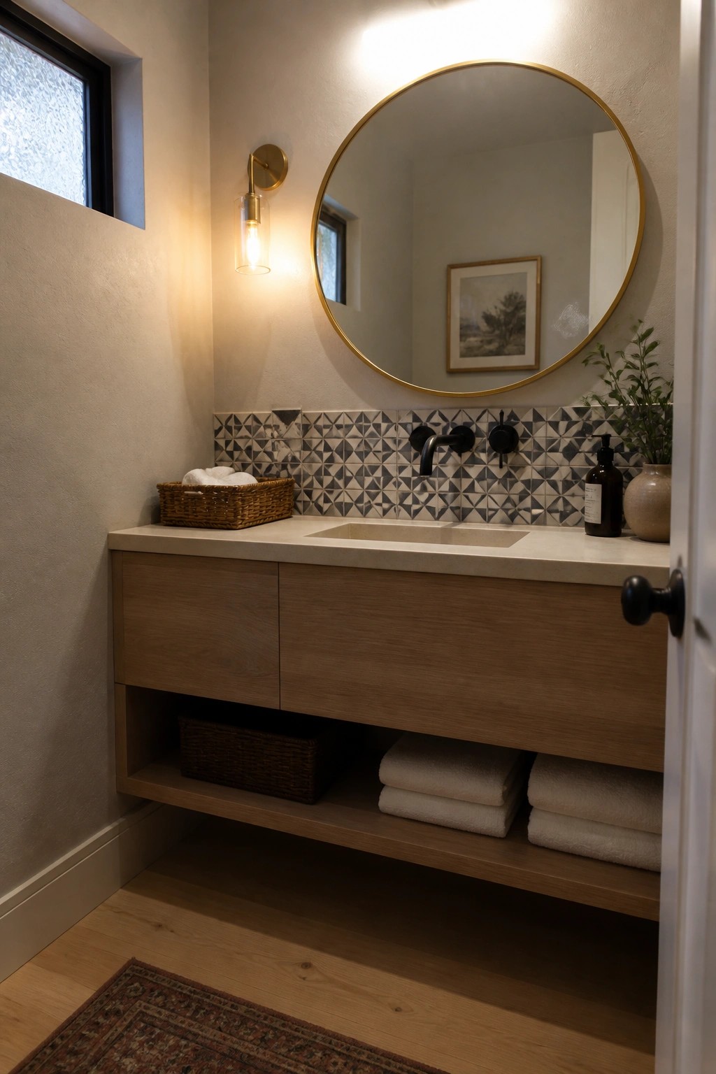 A bathroom with light wood flooring, a floating wood vanity, and a round mirror above the sink.