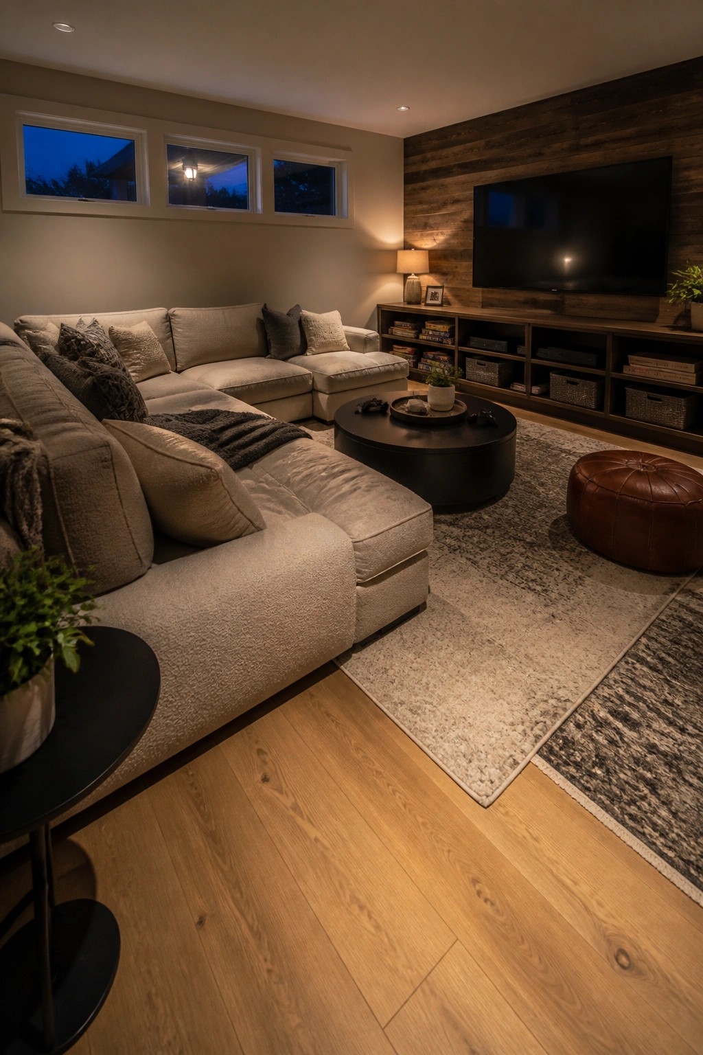 A living room featuring a large beige sectional sofa on light wood flooring with a round black coffee table and a media console against a wood accent wall.
