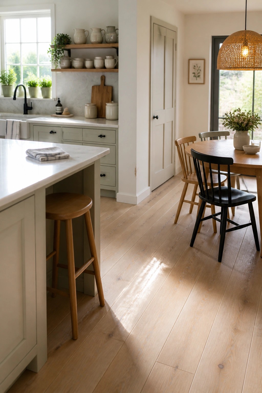 A bright kitchen and dining area with light wood flooring running continuously between a marble island with a wooden stool and a wooden dining table with mixed chairs.