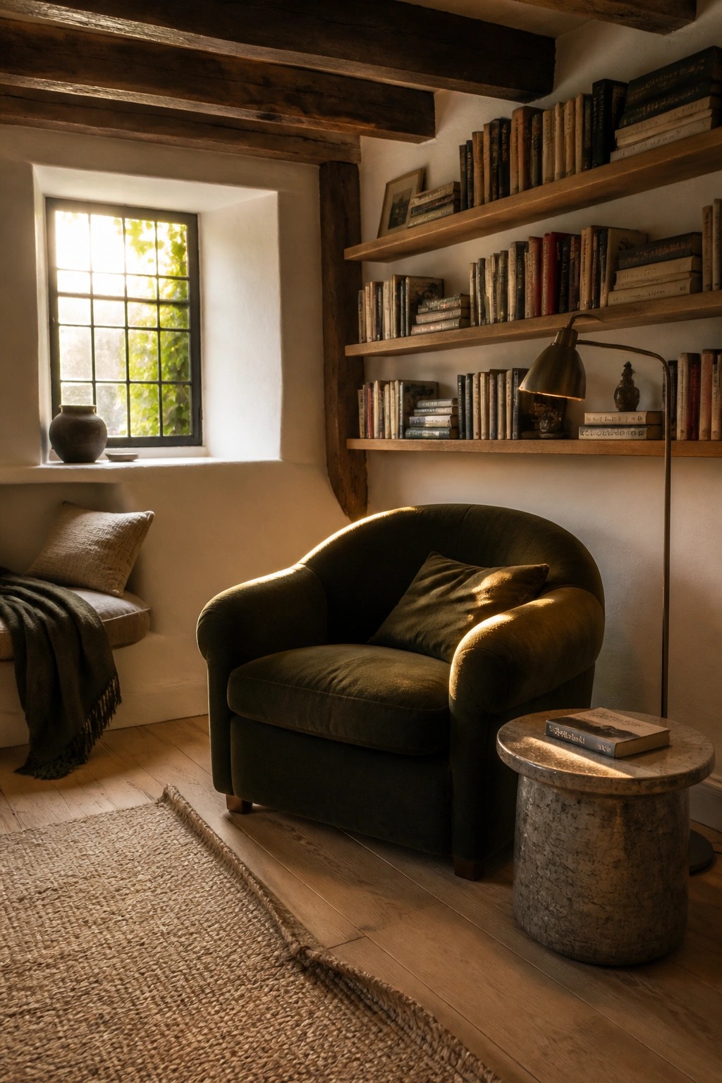 A cozy room with light wood flooring, a dark green armchair, built-in wooden bookshelves filled with books, a round stone side table, and a small window with natural light.