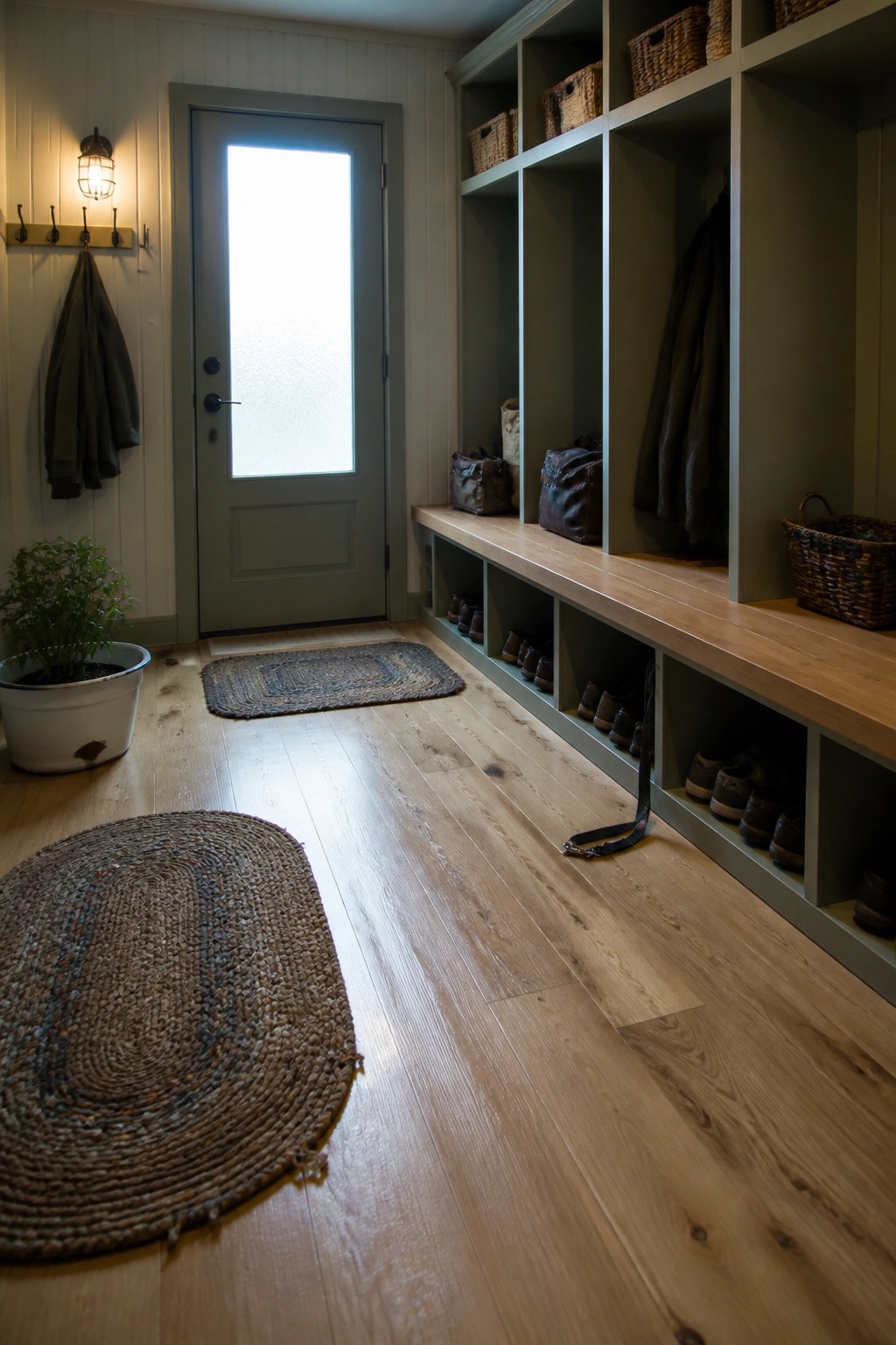 A light wood floor mudroom with built-in cubby storage, a bench, hooks, two woven rugs, a gray door, and a potted plant.