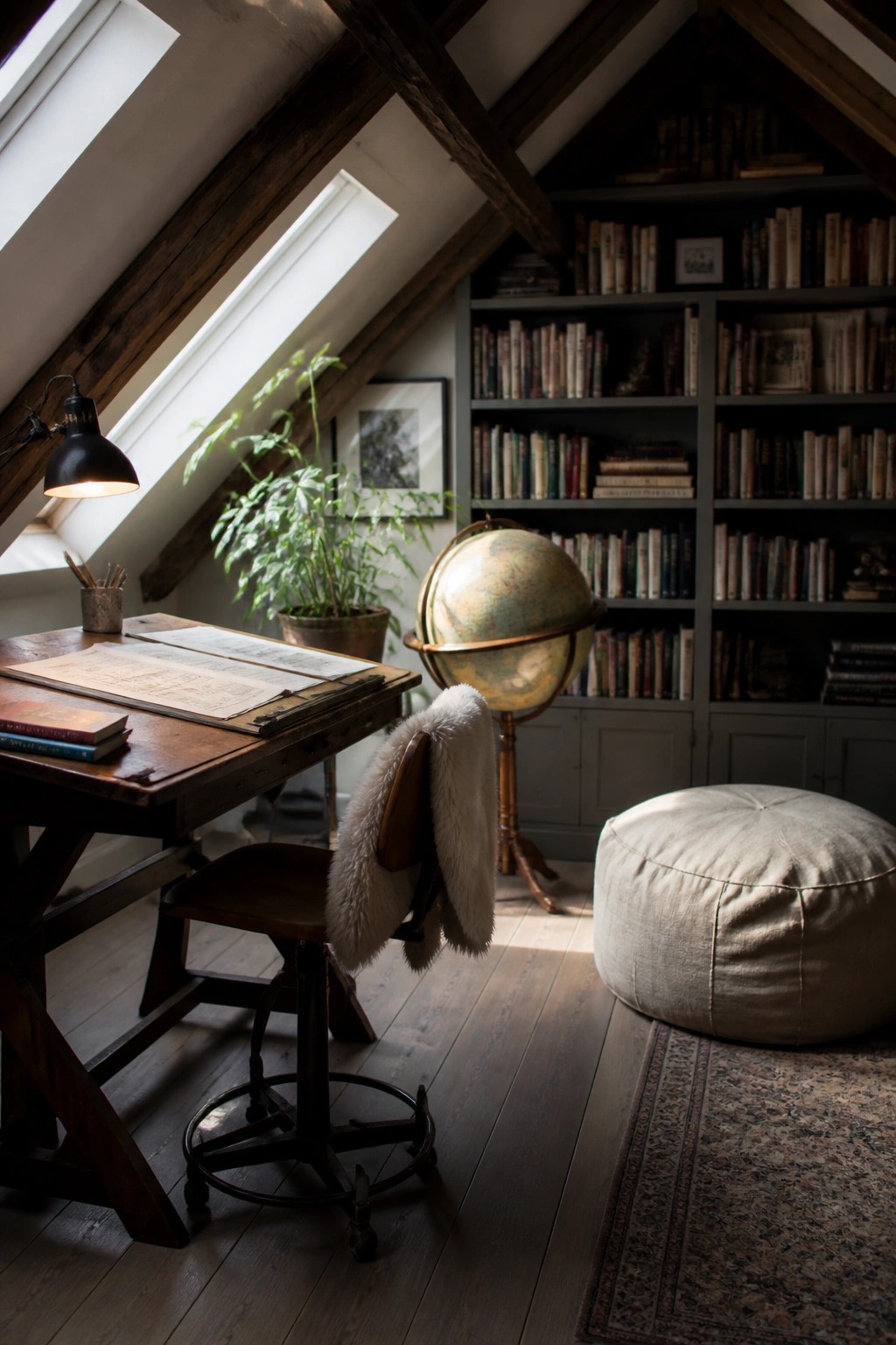 Cozy attic study with wooden desk, globe, bookshelves, and skylights in rustic style.