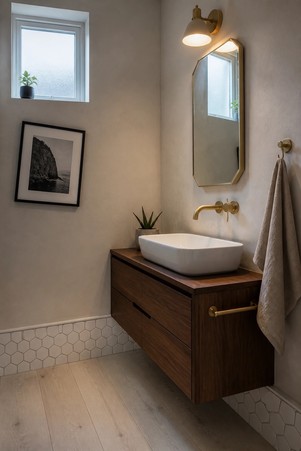A modern bathroom with light wood flooring, a floating walnut vanity, white vessel sink, and brass wall-mounted faucet.