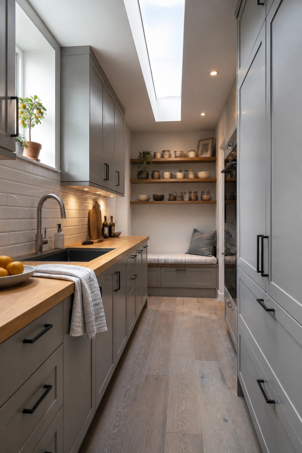 A narrow kitchen with light gray cabinets, wooden countertops, a black sink, and light wood flooring running beneath a skylight.