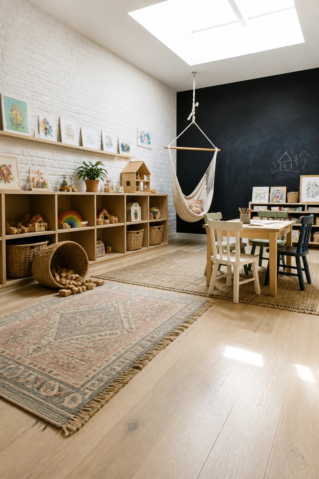 A children's playroom with light wood flooring, white brick walls, a black chalkboard wall, low wooden storage shelves filled with toys, a small table with chairs, and a hanging chair.