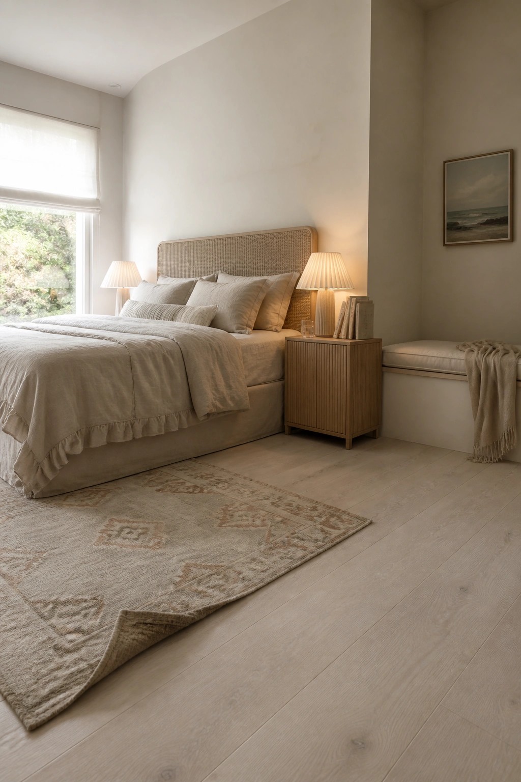 A bedroom featuring light wood flooring, a bed with beige linens and pillows, two bedside tables with lamps, a patterned area rug, and a framed artwork on the wall.
