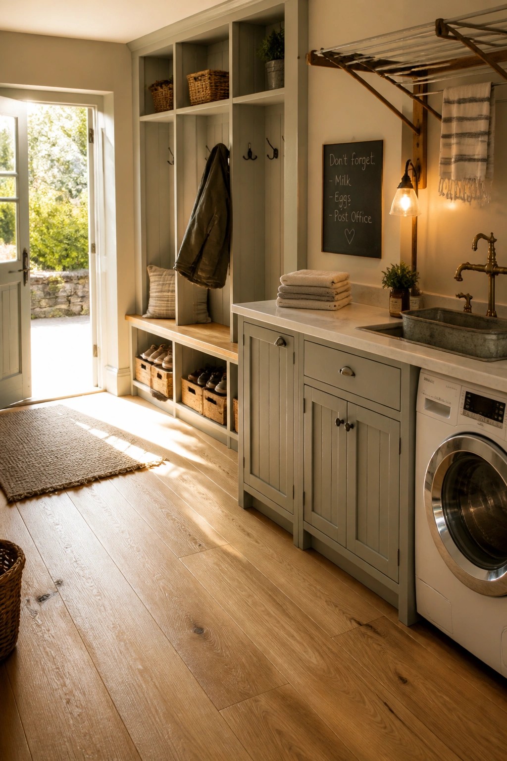 A light wood floor extends through a gray-painted mudroom with built-in storage, open shelving, a washing machine, and a sink near an open exterior door.