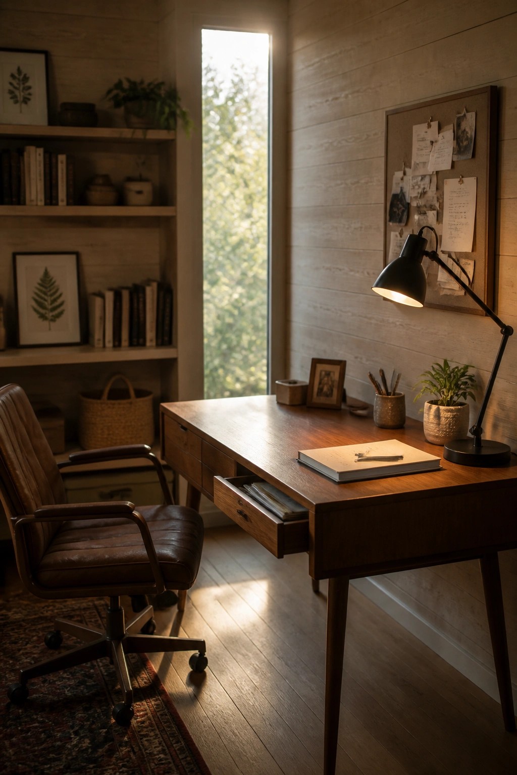 A home office with a wooden desk, open drawer, leather office chair, and light wood flooring beside a tall window.