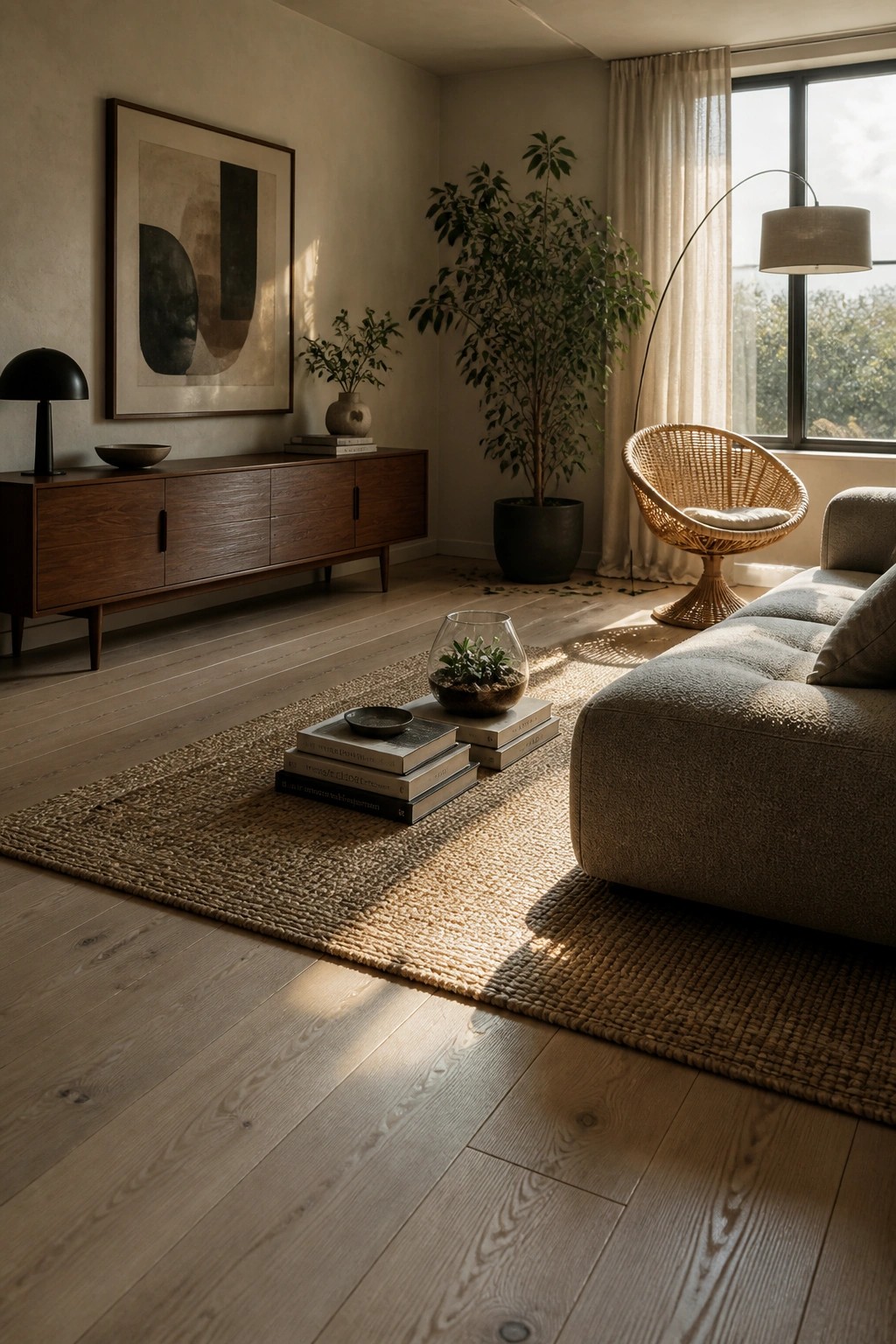A living room interior with light wood flooring, a large woven rug, a gray sectional sofa, a wooden sideboard with a framed abstract print above it, and a potted tree near a window.