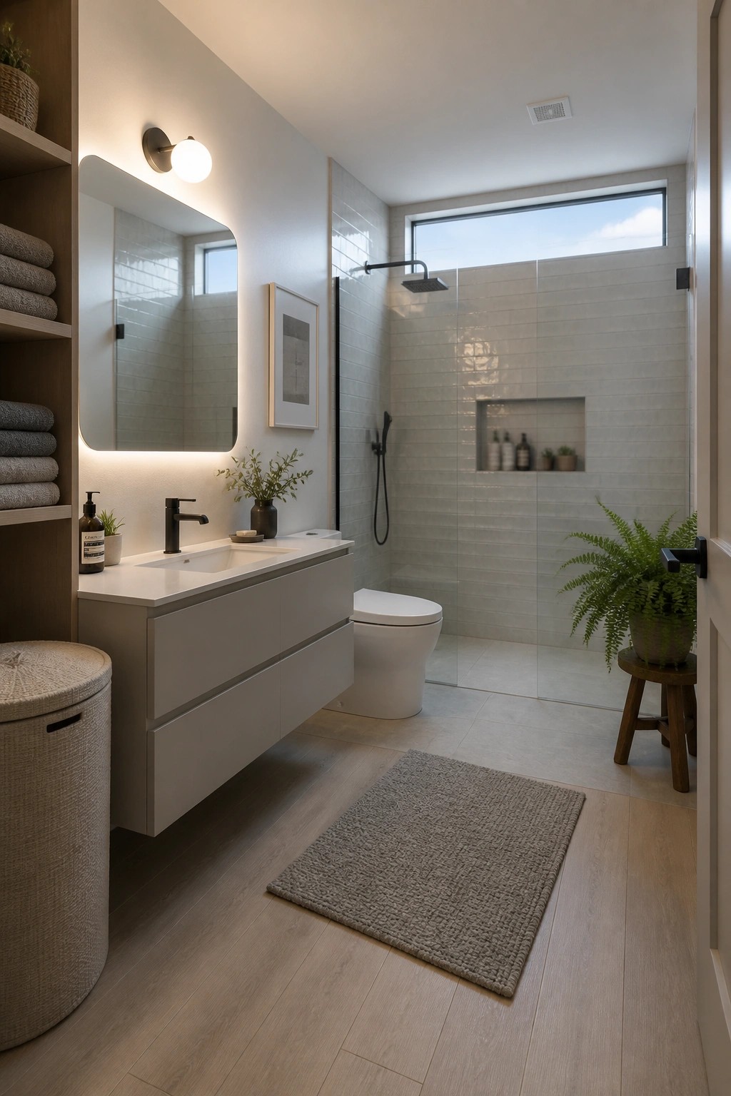Modern minimalist bathroom with floating vanity, tiled shower, and wood flooring