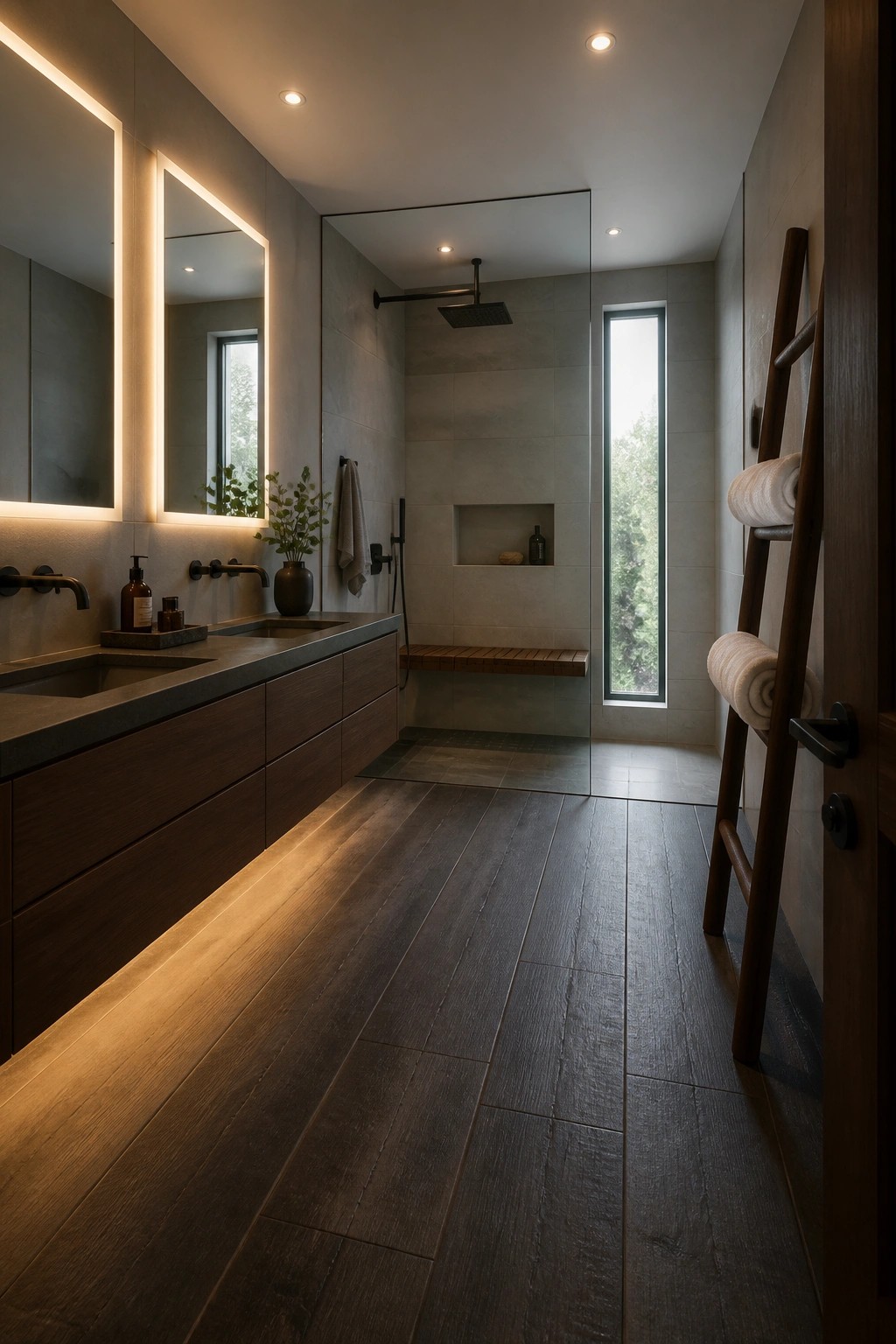 Modern bathroom interior with dark wood-look tile flooring, a long wooden double vanity, backlit mirrors, and a glass shower enclosure.
