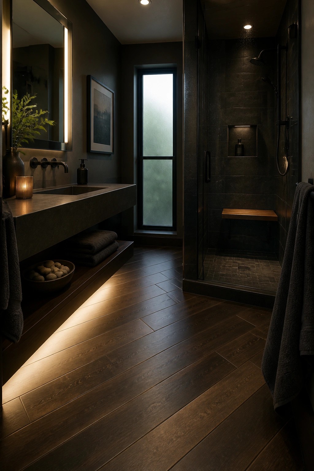 Modern dark bathroom with floating vanity, glass shower, and wood floors