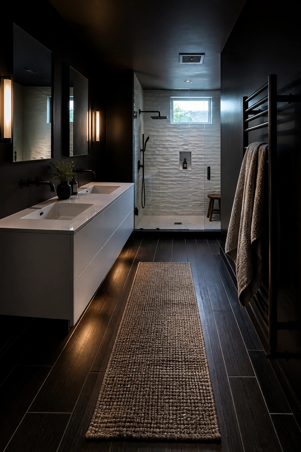 A modern bathroom with dark wood-look tile flooring, a long woven runner, white double vanity, and glass-enclosed shower with textured wall tiles.