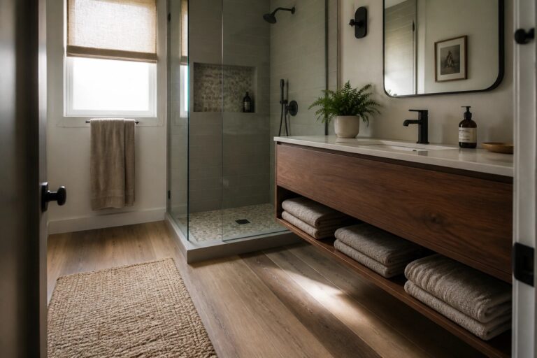 24 Realistic Wood Look Tile Flooring Ideas for Bathrooms and Basements A modern bathroom featuring wood-look tile flooring, a glass shower, floating wood vanity, and white toilet.