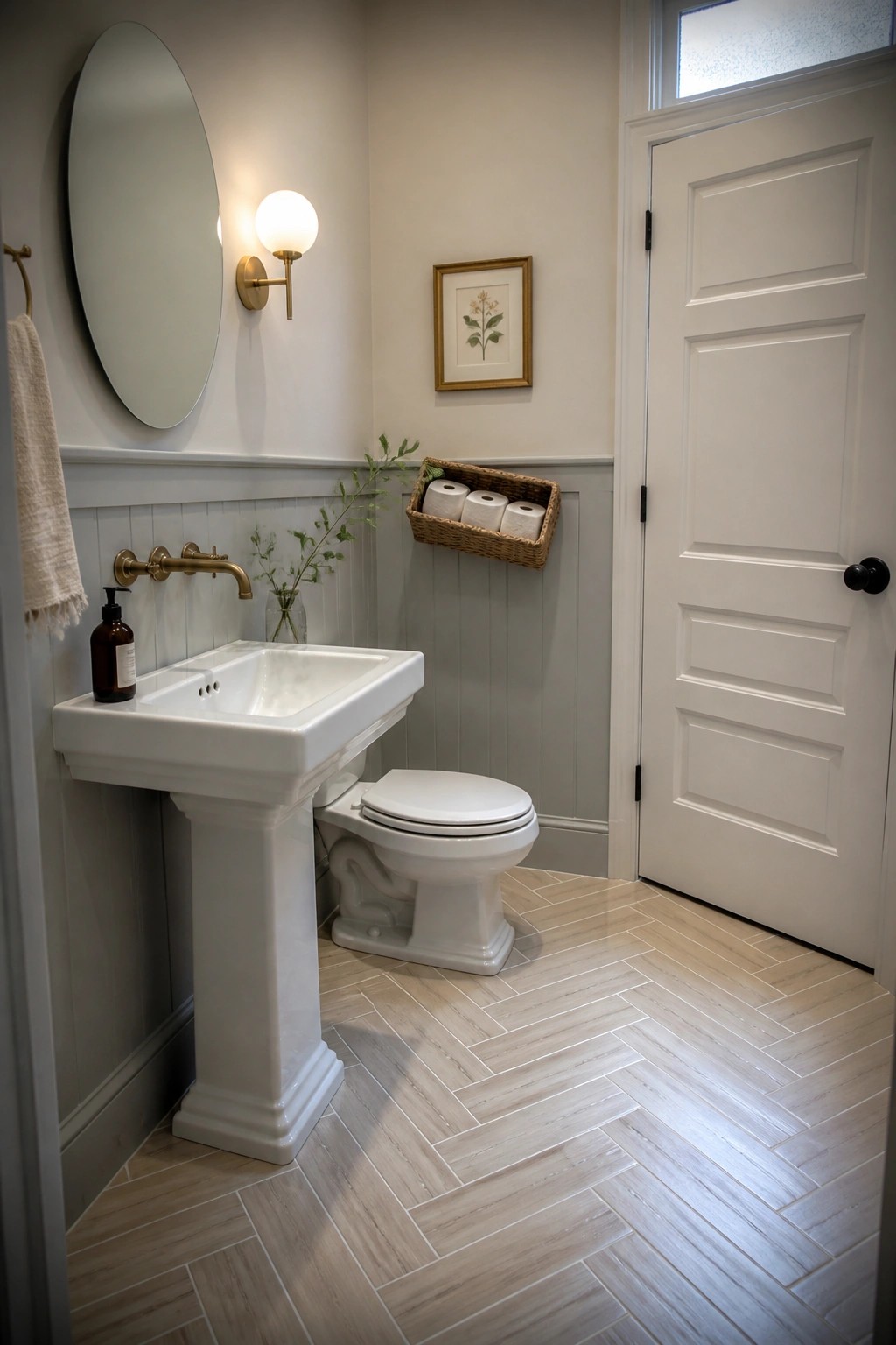 A bathroom interior with light wood-look tile in a herringbone pattern on the floor, a white pedestal sink, toilet, and gray wainscoting on the walls.
