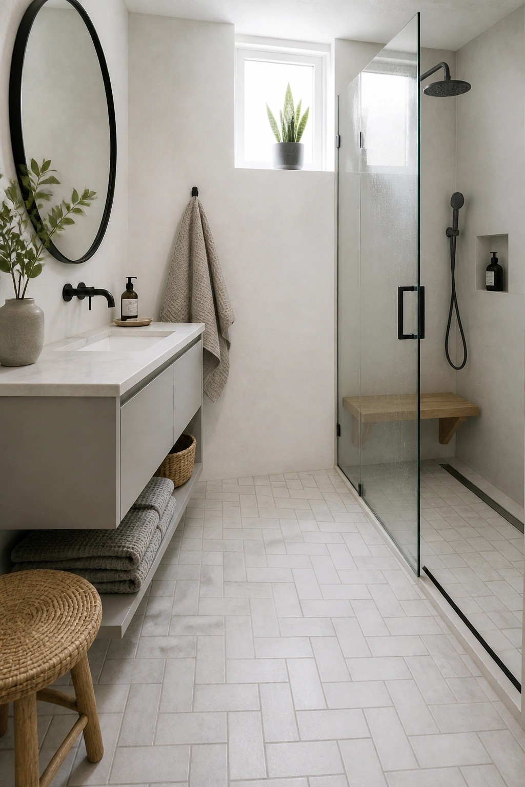 A modern bathroom featuring light herringbone tile flooring, a glass shower enclosure with a wooden bench, and a floating vanity with a round mirror.