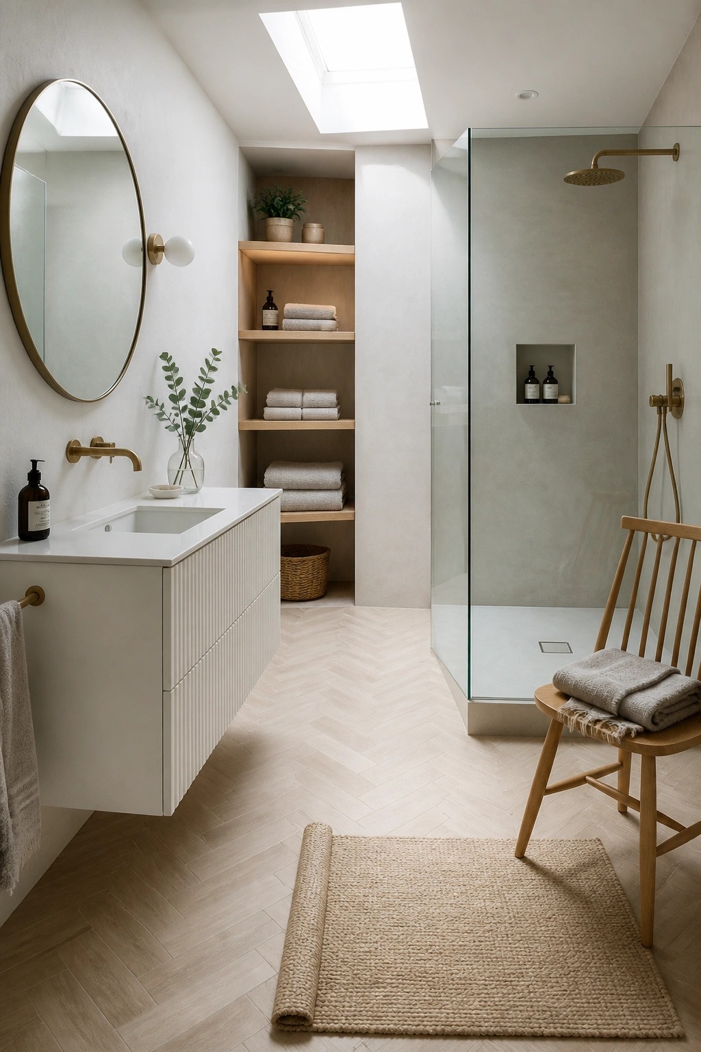 A modern bathroom with light wood-look herringbone tile flooring, a floating white vanity, built-in wooden shelves, and a glass shower enclosure.
