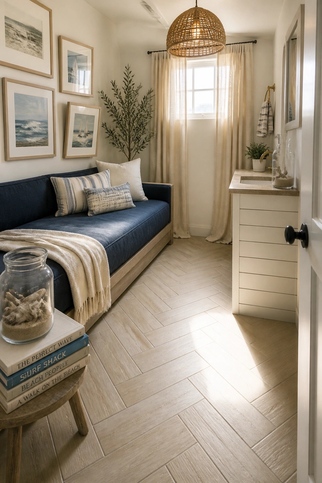 A bright interior room with light herringbone wood-look tile flooring, a navy daybed, framed coastal prints on the wall, and a woven pendant light overhead.
