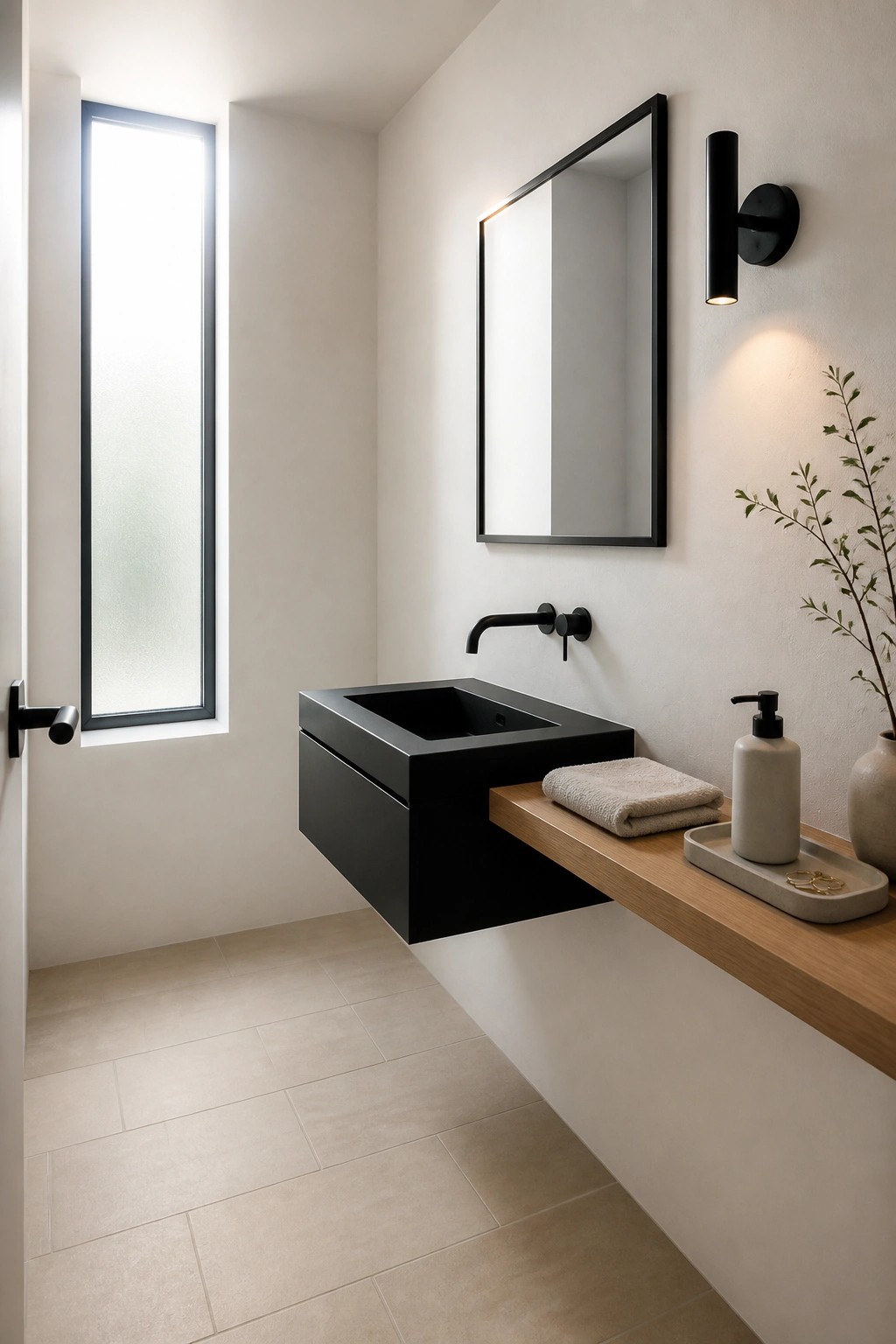 Modern bathroom with light wood look tile flooring, a black floating vanity, and a wooden wall shelf.